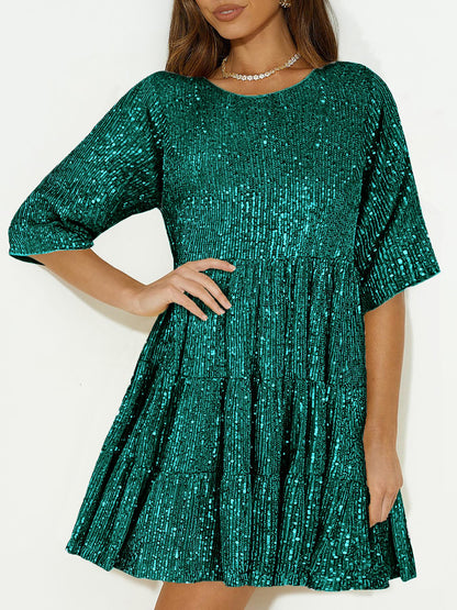 Full Size Sequin Round Neck Half Sleeve Mini Dress-SMALL-3XL (Many colors)