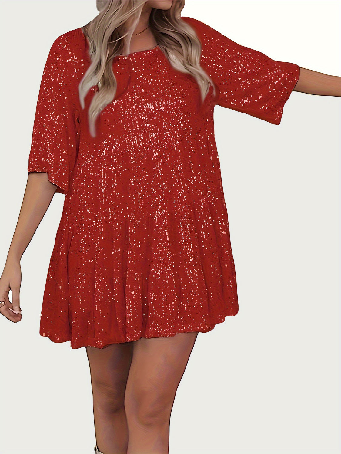 Full Size Sequin Round Neck Half Sleeve Mini Dress-SMALL-3XL (Many colors)