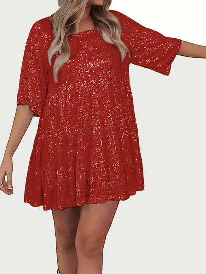 Full Size Sequin Round Neck Half Sleeve Mini Dress-SMALL-3XL (Many colors)