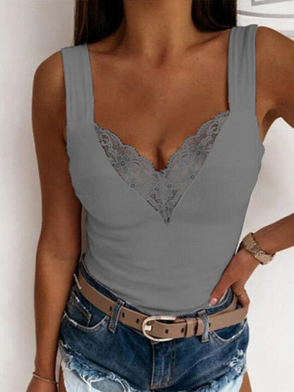 Full Size Lace Detail Sweetheart Neck Tank (white/royal blue/black/burgundy/dark gray)-S-3XL