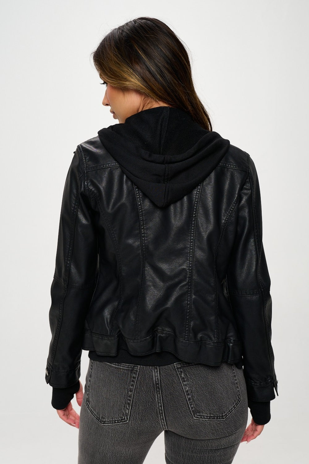Double Zip Hooded Long Sleeve Vegan Leather Jacket-S-XL