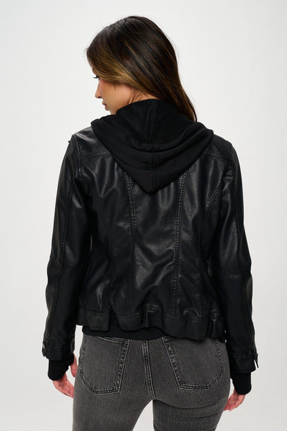 Double Zip Hooded Long Sleeve Vegan Leather Jacket-S-XL