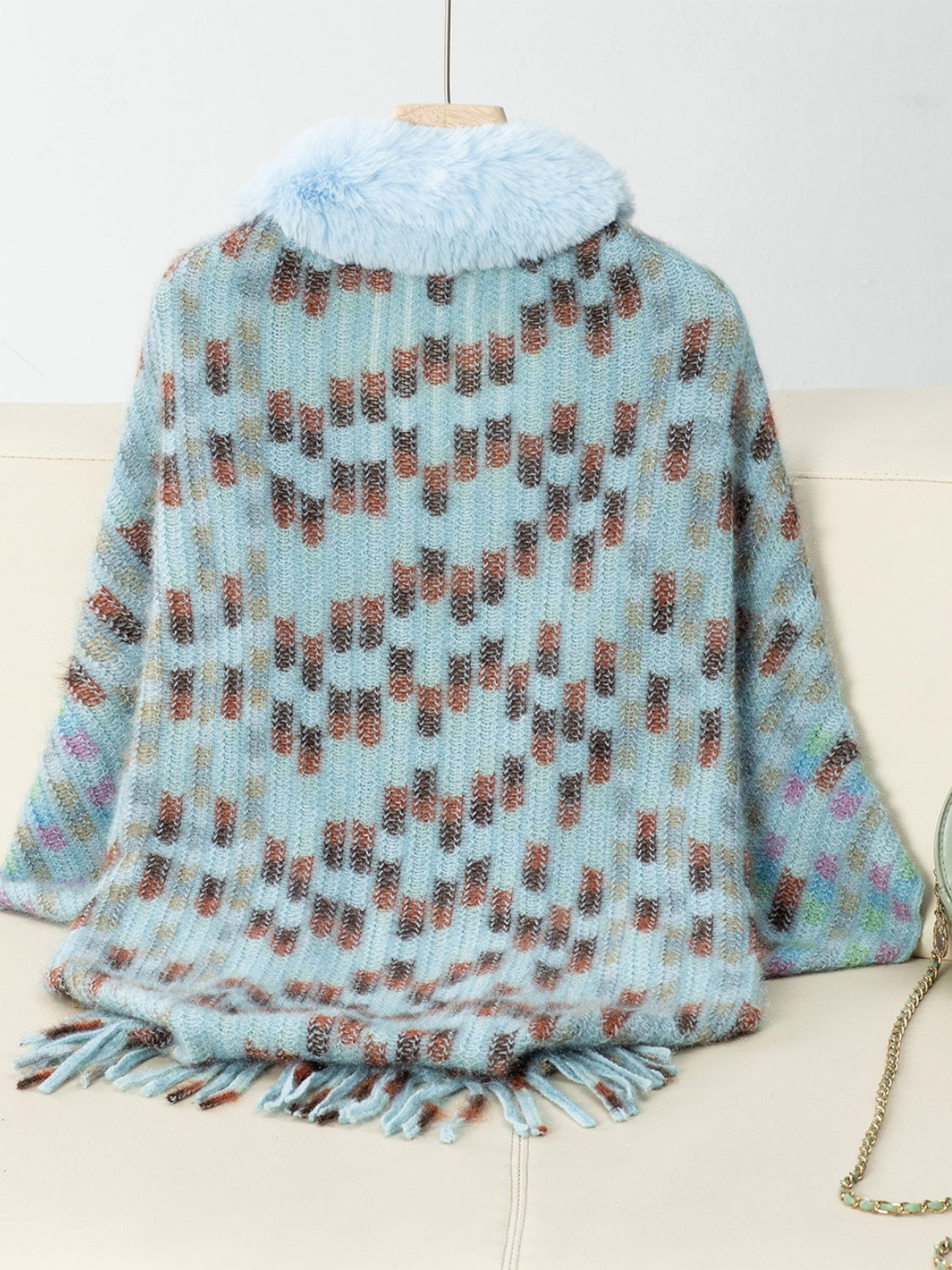 Fringe Fuzzy Open Front Poncho (cream/pink/brown/blue/khaki) ONE SIZE