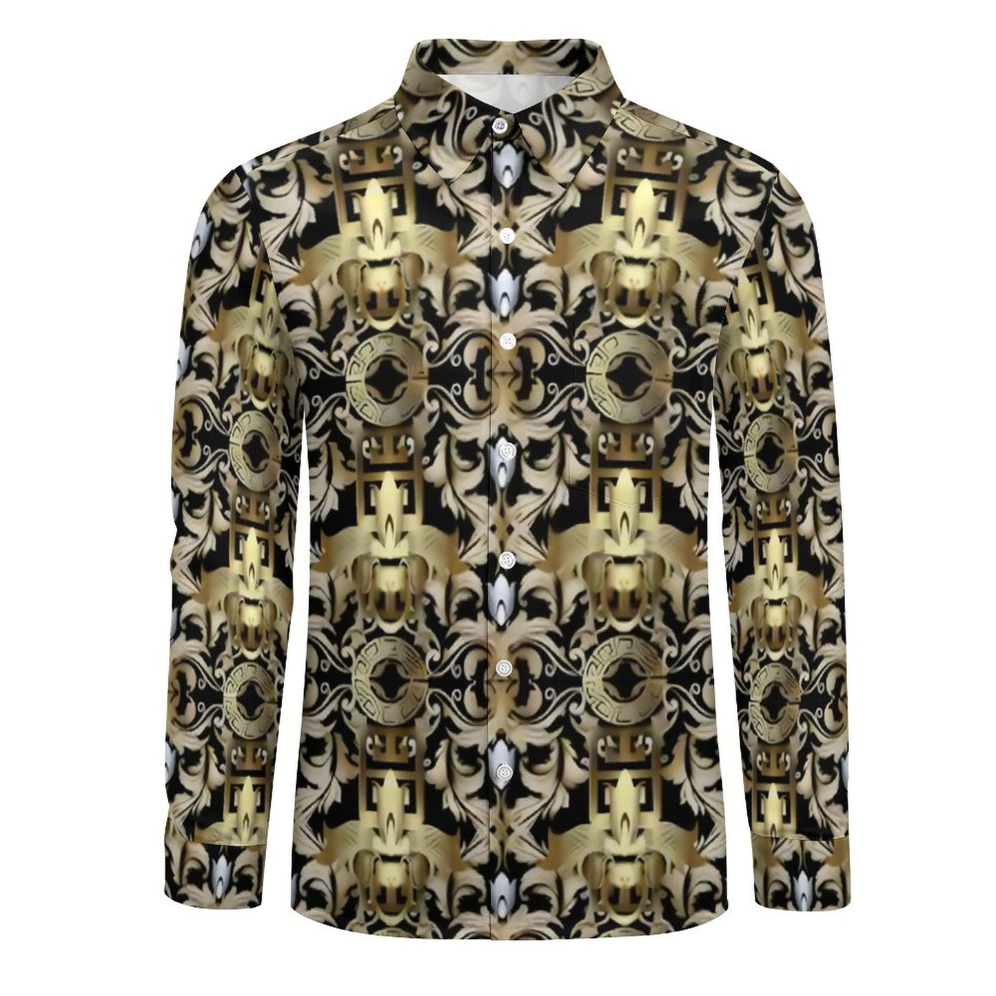 Faux Linen Men Long Sleeve Shirt with Pocket(All-Over Printing)