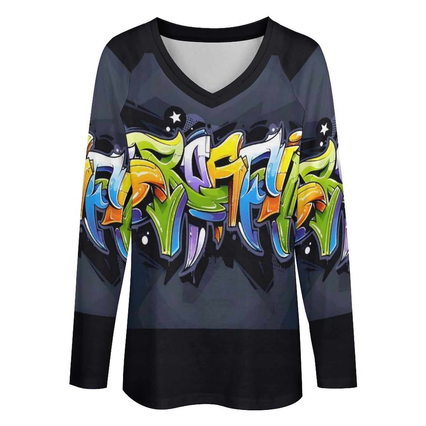 COLORFUL GRAFFITI V-neck Loose Long Sleeve T-shirt-SMALL-5XL