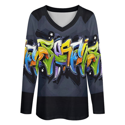 COLORFUL GRAFFITI V-neck Loose Long Sleeve T-shirt-SMALL-5XL