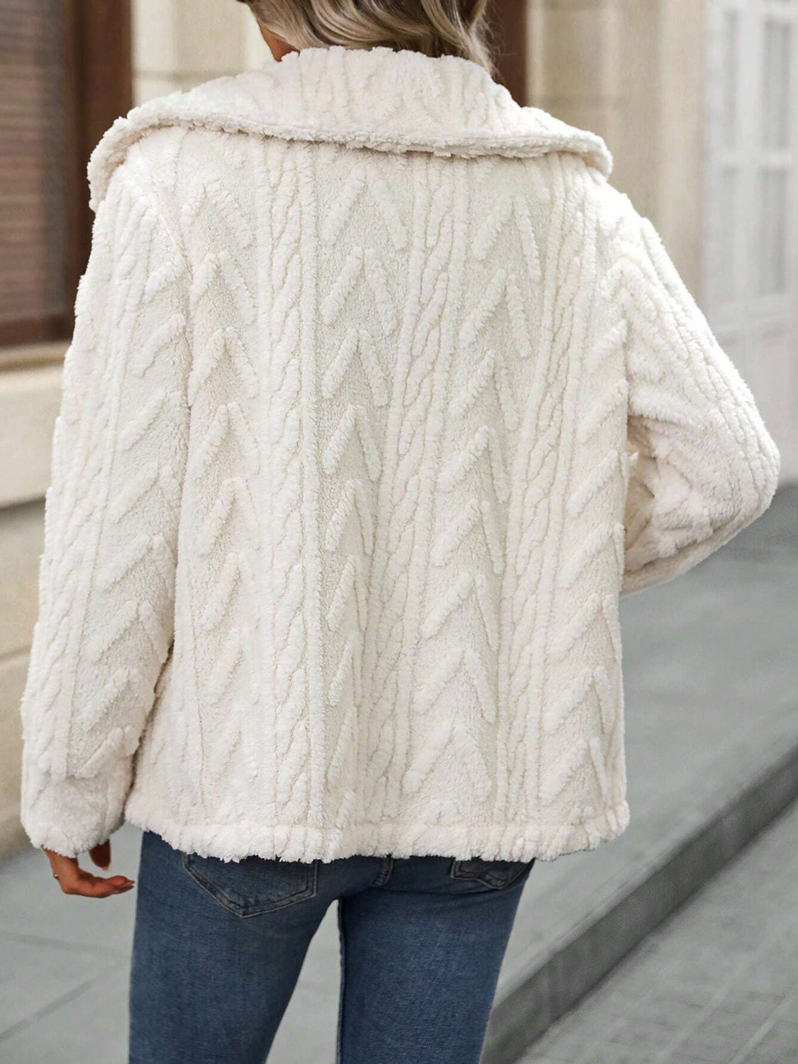 Fuzzy Texture Button Up Collared Neck Coat-SMALL-XL
