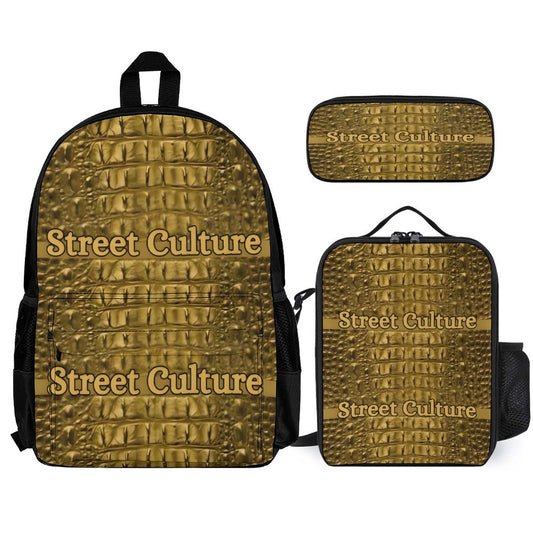 STREET CULTURE Alligator Set of 3 Bags (Backpack/Insulated Lunch Bag/Pencil or Glasses Case) Pouch)