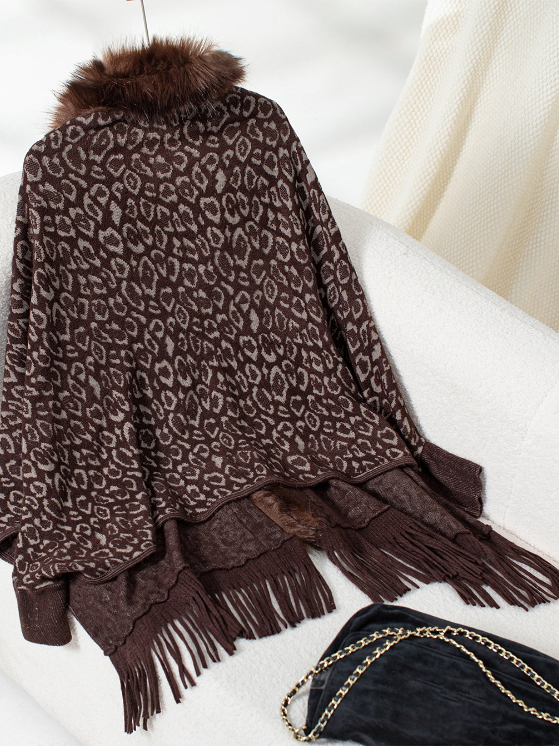 Fringe Leopard Open Front Long Sleeve Poncho (beige/chocolate/indigo/burgundy/brown/black)
