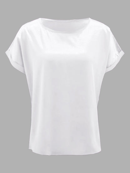 Satin Round Neck Short Sleeve Blouse (black/white/royal blue/lilac/pink/blue/burgundy/green)-SMALL-2XL