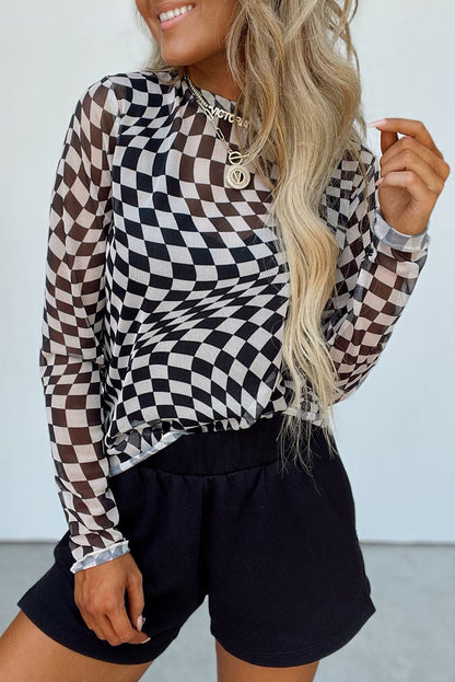 Distorted Checkered Mock Neck Long Sleeve Blouse (hot pink/black/beige)-SMALL-XL