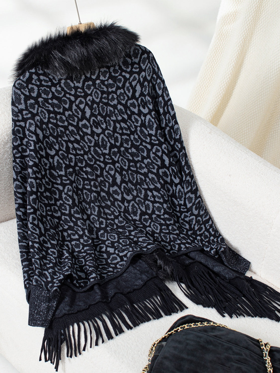Fringe Leopard Open Front Long Sleeve Poncho (beige/chocolate/indigo/burgundy/brown/black)