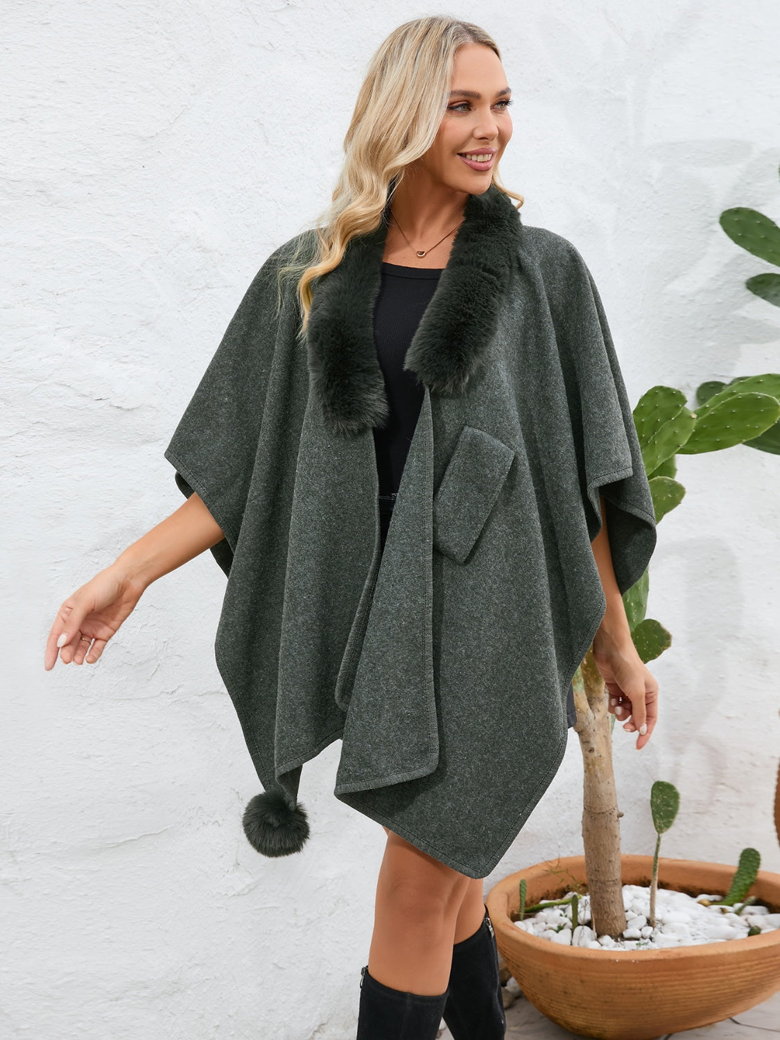 Fuzzy Trim Open Front Poncho (grey/black/green/cream/mocha/camel)