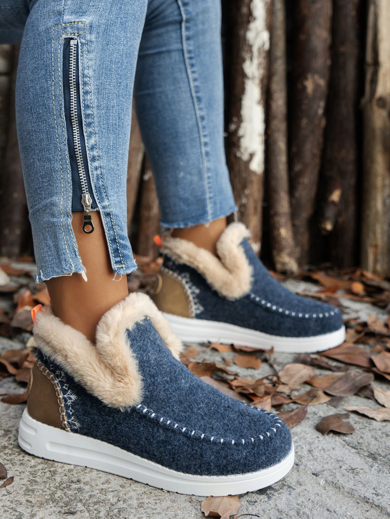 Furry Suede Round Toe Flat slip on boots (navy/chocolate/black/gray/beige)