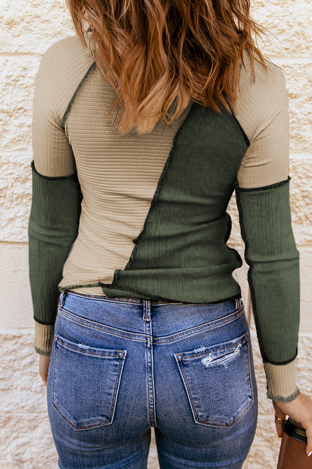 Color Block Round Neck Long Sleeve Blouse (brown/grey/white/kaki/burgundy/blue/green)-S-XL