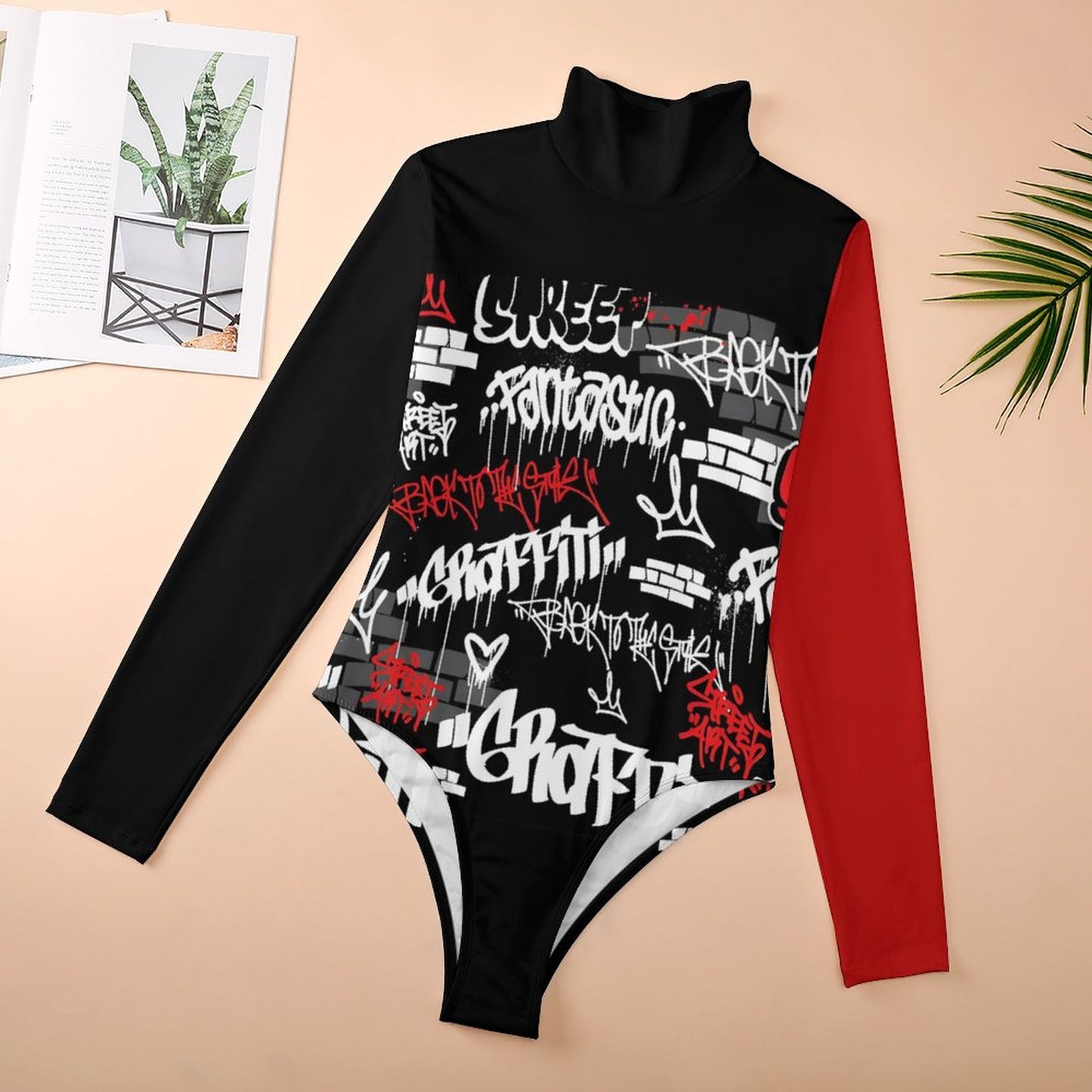 B/R/W GRAFFITI High-collar Long-sleeve Bodysuit