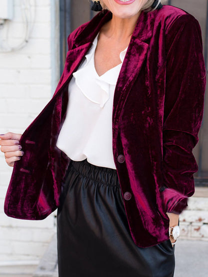Velvet Button Up Lapel Collar Blazer (Teal/black/burgundy)-SMALL-2XL