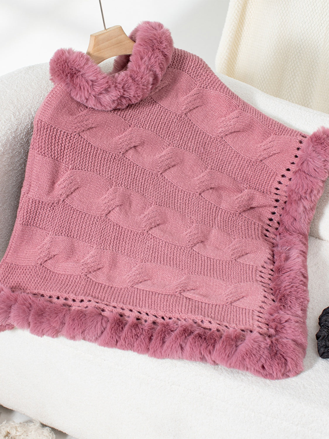 Fuzzy Hem Cable-Knit Poncho (mocha/gold/pink/eggshell/grey/black)