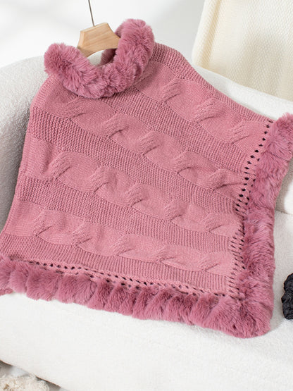 Fuzzy Hem Cable-Knit Poncho (mocha/gold/pink/eggshell/grey/black)