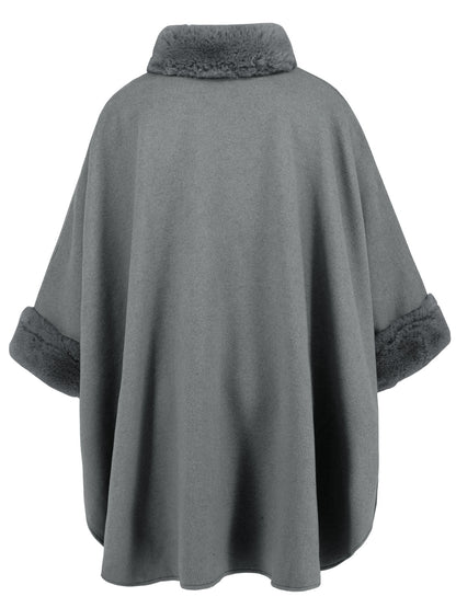 Fuzzy Trim Long Sleeve Poncho (tan/grey/black)