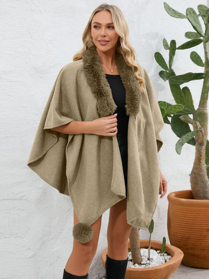 Fuzzy Trim Open Front Poncho (grey/black/green/cream/mocha/camel)