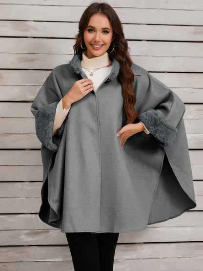 Fuzzy Trim Long Sleeve Poncho (tan/grey/black)