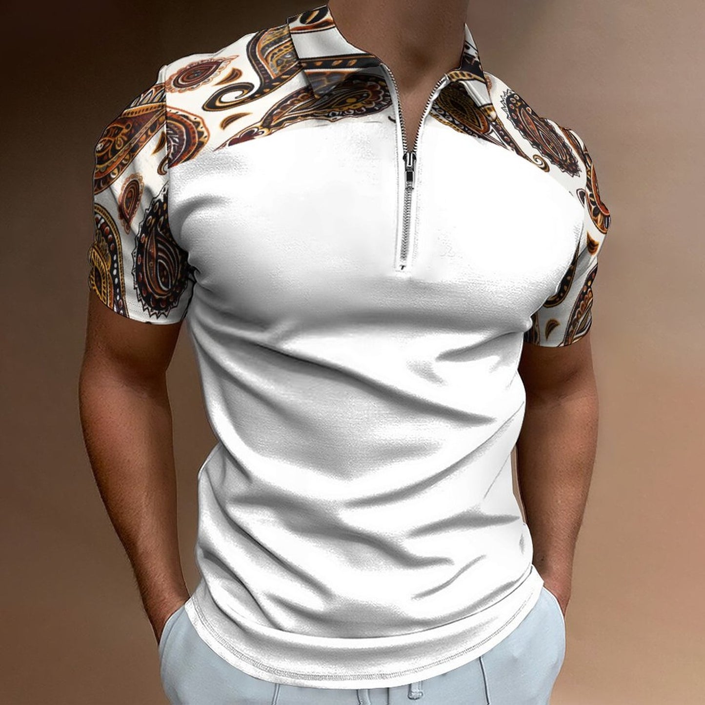 ORANGE PAISLEY Men's Short Sleeve POLO Shirt with Zipper-*2XS-6XL