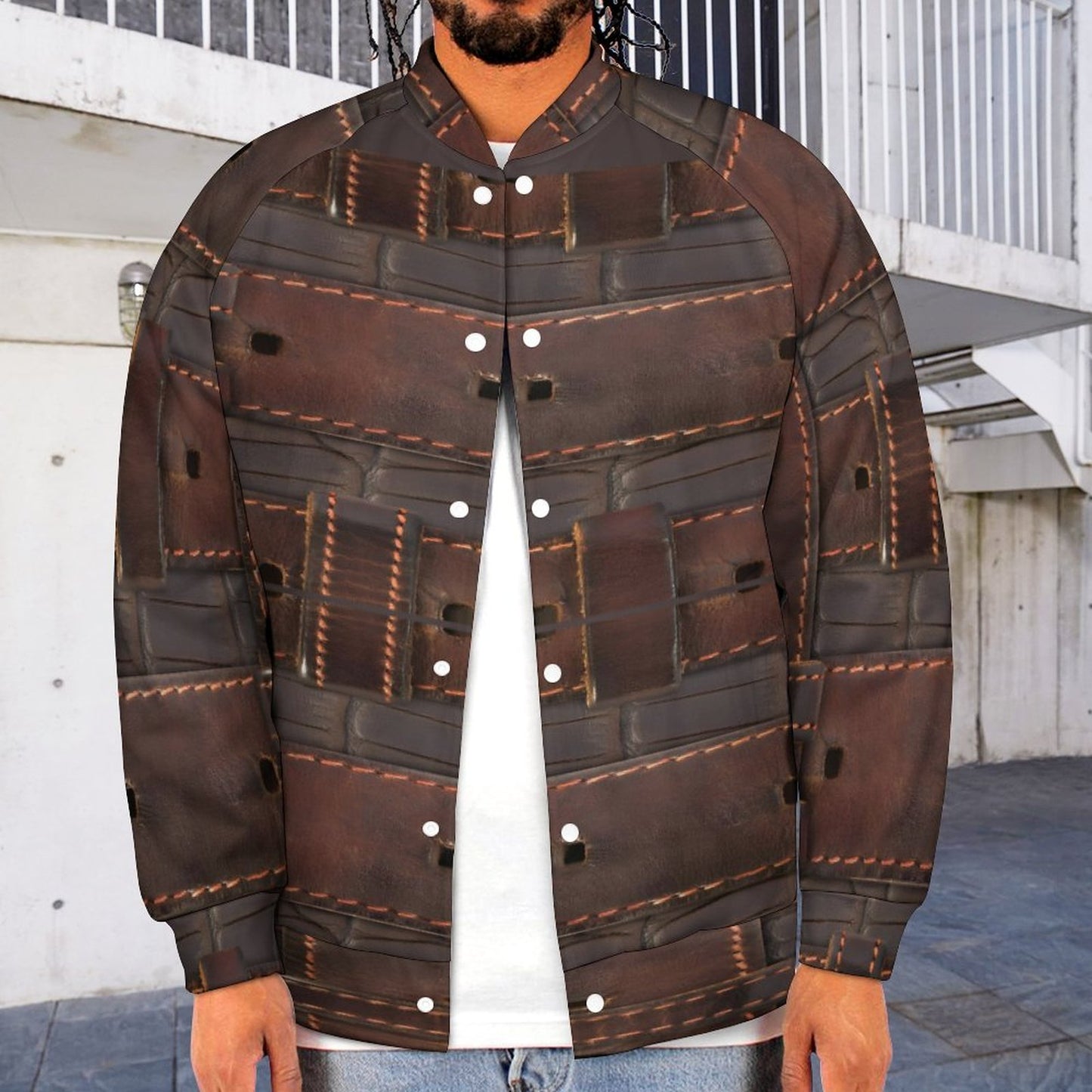 RUGGED LEATHER BUCKLE Print Men's Baseball Jacket-*2XS-6XL
