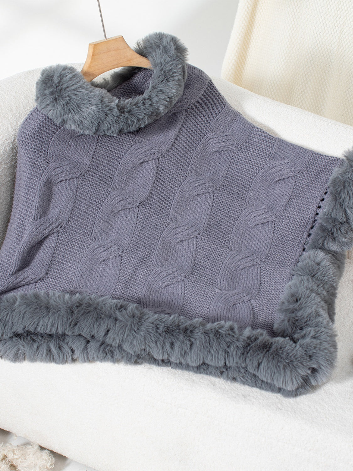 Fuzzy Hem Cable-Knit Poncho (mocha/gold/pink/eggshell/grey/black)