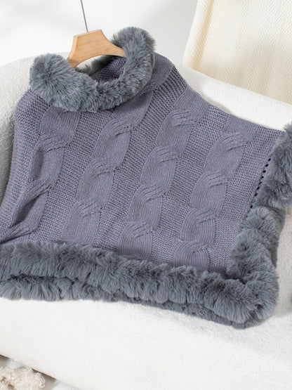 Fuzzy Hem Cable-Knit Poncho (mocha/gold/pink/eggshell/grey/black)