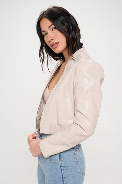 Coalition LA Zip Up Cropped Bomber Vegan Leather Jacket-S-XL