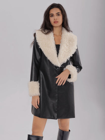 Fuzzy Long Sleeve Longline PU Leather Coat-SMALL-XL