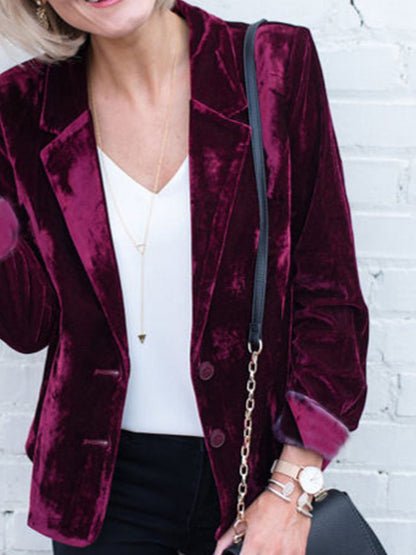 Velvet Button Up Lapel Collar Blazer (Teal/black/burgundy)-SMALL-2XL