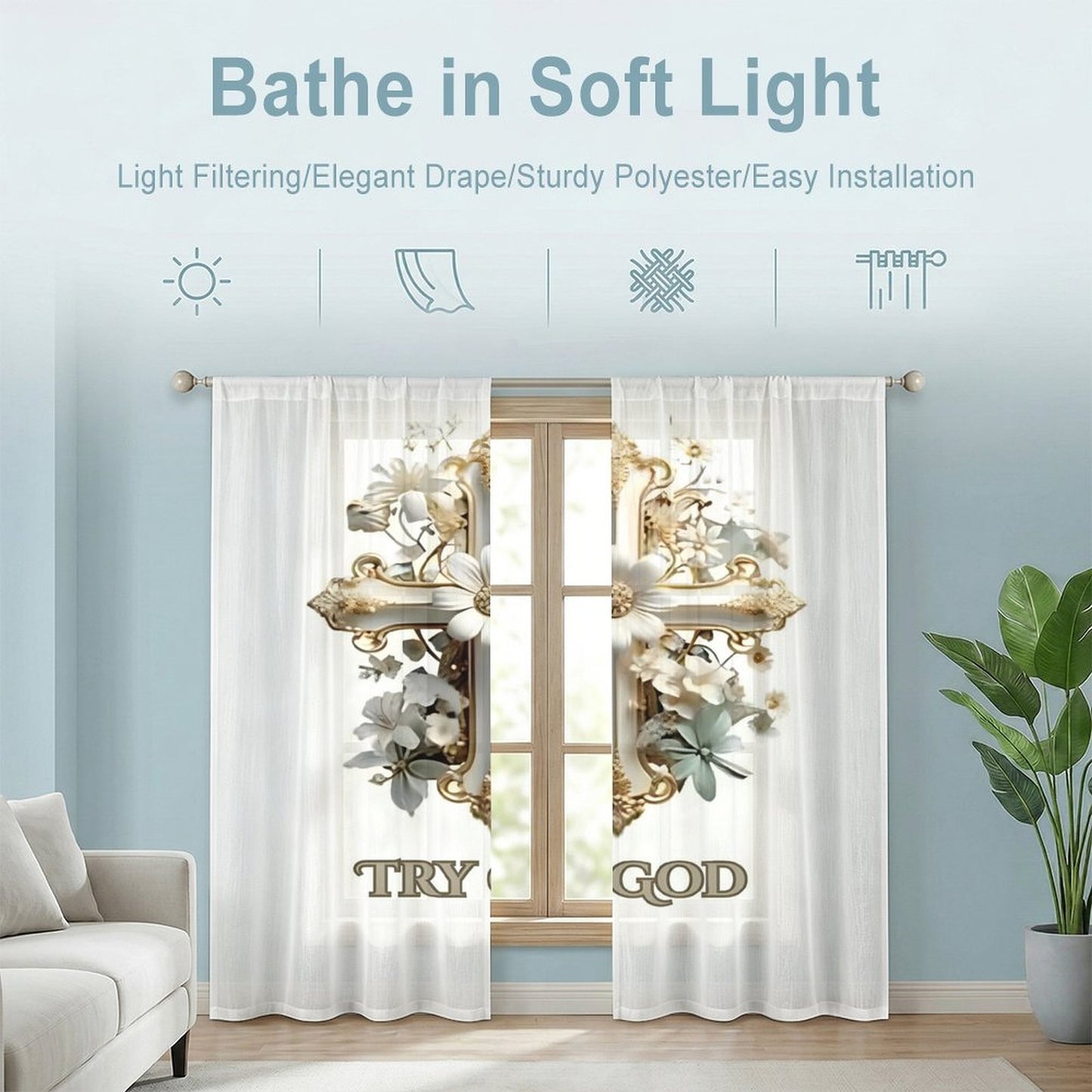 Sheer Curtain(All-Over Printing)-TRY GOD