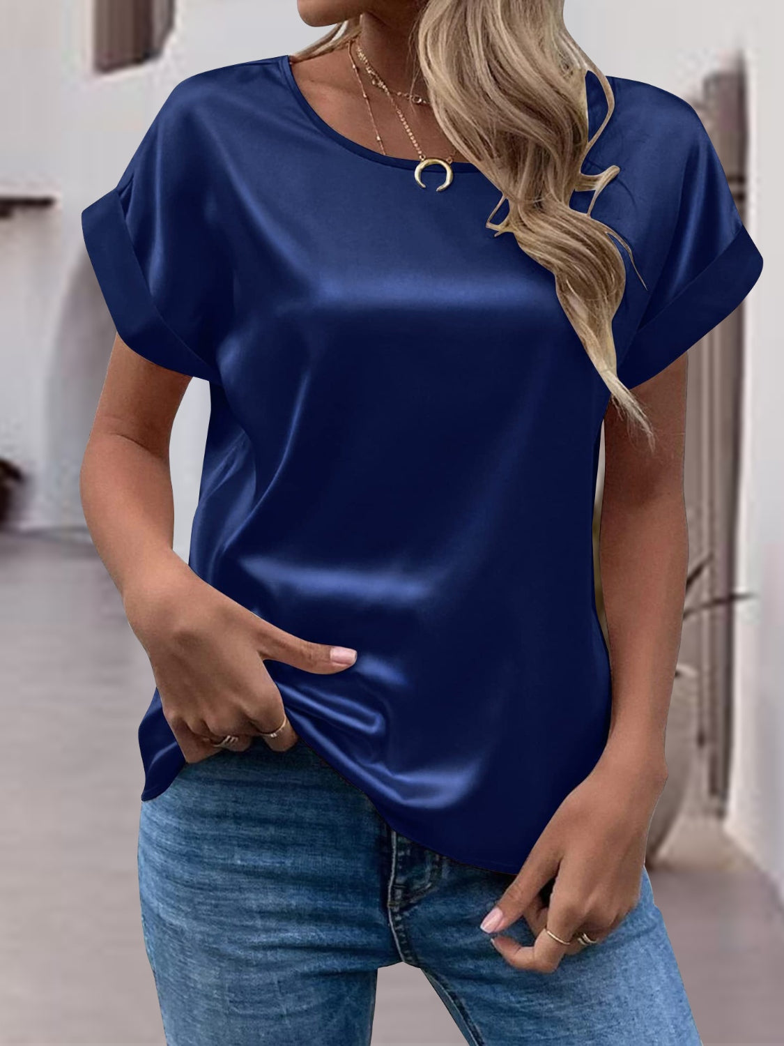 Satin Round Neck Short Sleeve Blouse (black/white/royal blue/lilac/pink/blue/burgundy/green)-SMALL-2XL
