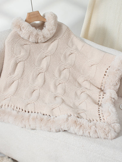 Fuzzy Hem Cable-Knit Poncho (mocha/gold/pink/eggshell/grey/black)