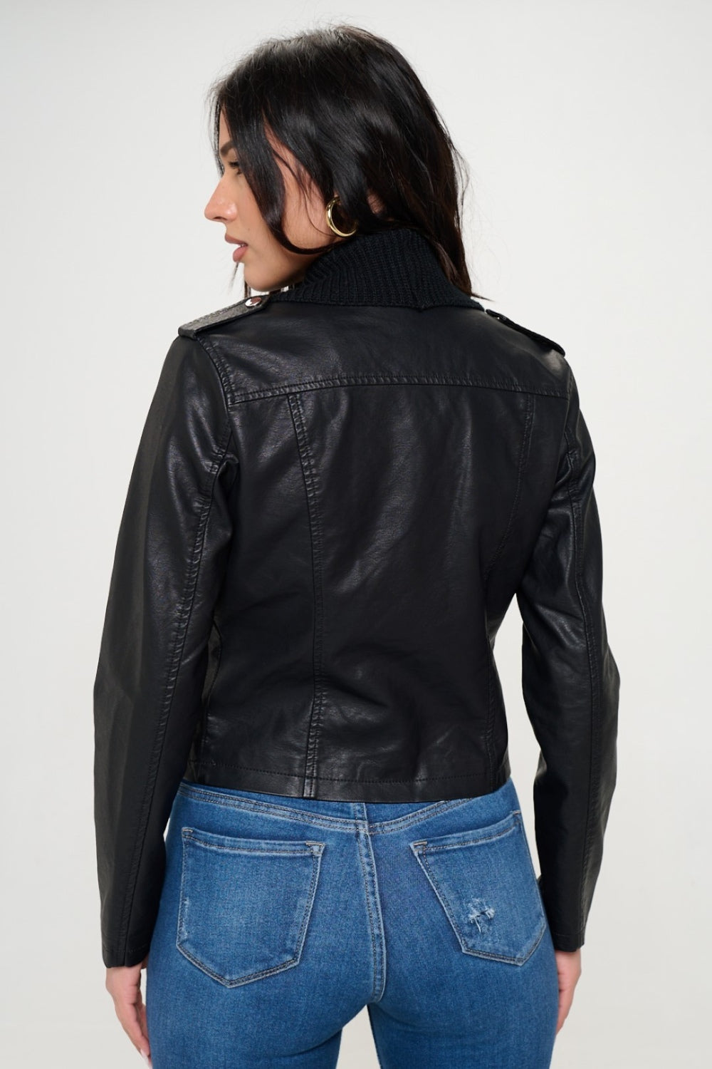 Knit Collared Vegan Leather Crop Jacket-SMALL-XL