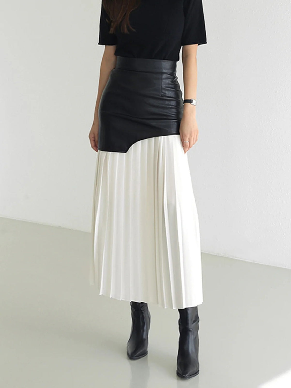 ON SALE:::: PU Leather/Polyester Pleated Contrast High Rise Skirt-SMALL-2XL