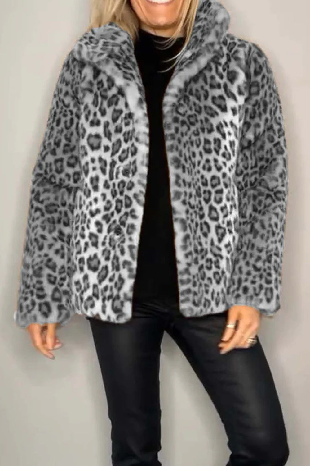 Full Size Leopard Fur Collared Neck Long Sleeve Coat (camel/grey/blue/cerise or red/pink)-SMALL-3XL