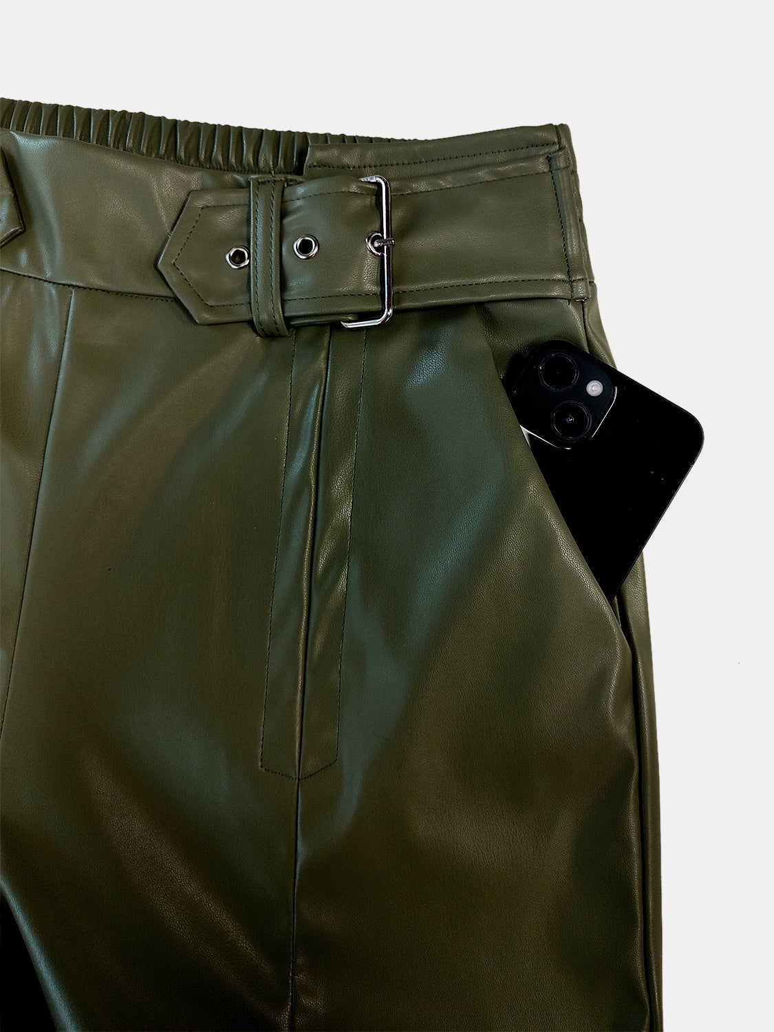 Pu Leather Half Elastic Waist Wide Leg Pants (moss/burgundy/black)-SMALL-2XL