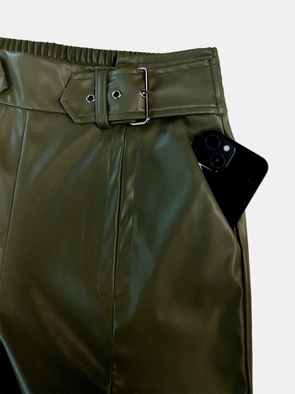 Pu Leather Half Elastic Waist Wide Leg Pants (moss/burgundy/black)-SMALL-2XL
