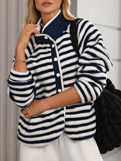 Pocketed Half Snap Sherpa Jacket (2 STYLES: cow print/blue stripe)-S-XL