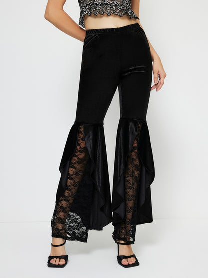 Velvety High Waist Lace Flare Pants-SMALL-XL