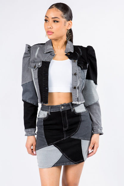 American Bazi Button Up Cropped Patchwork Denim Jacket-SMALL-LARGE