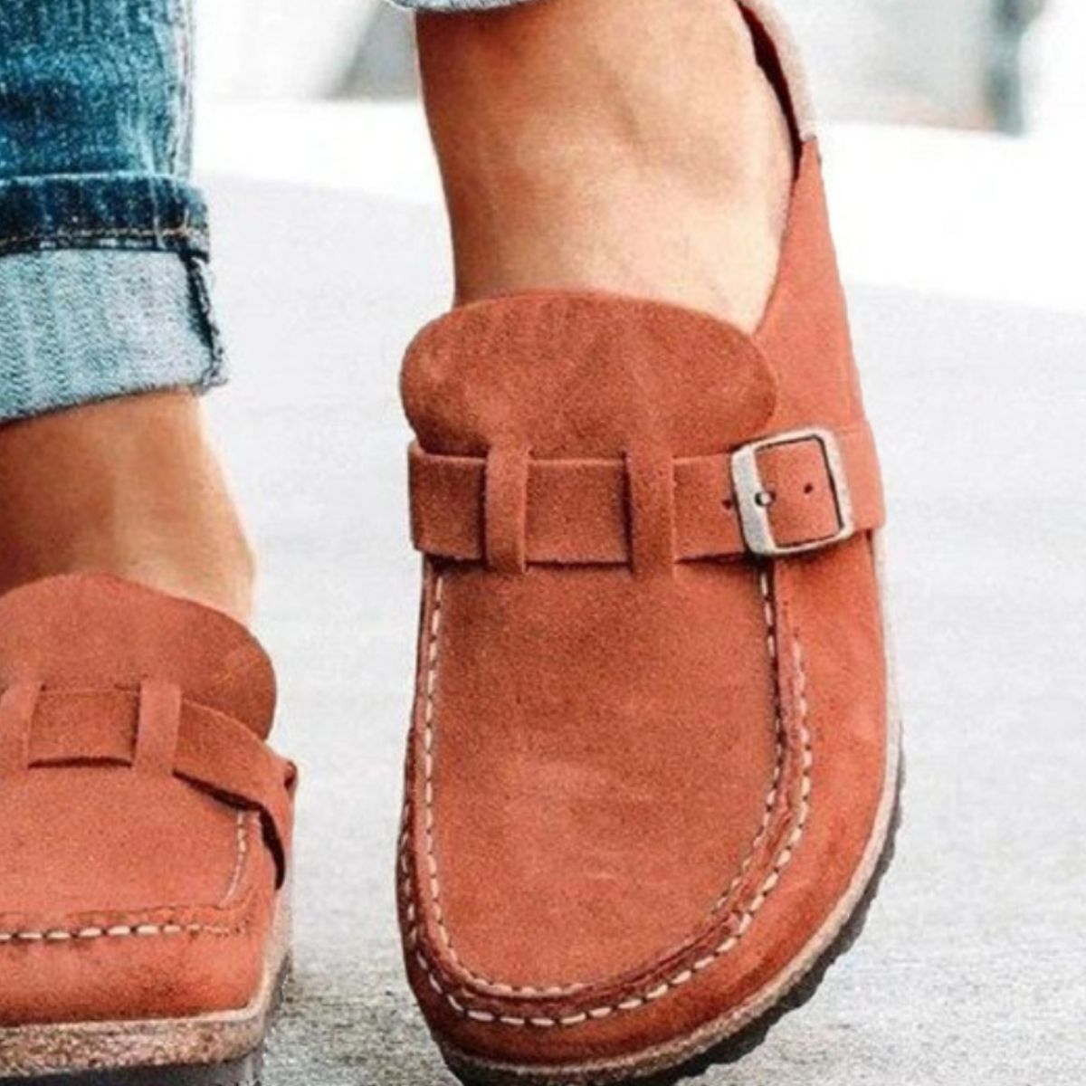 Round Toe Low Heel Buckle Loafers (khaki/black/purple/sage/caramel)