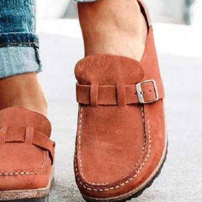 Round Toe Low Heel Buckle Loafers (khaki/black/purple/sage/caramel)