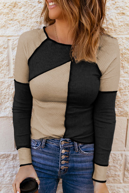 Color Block Round Neck Long Sleeve Blouse (brown/grey/white/kaki/burgundy/blue/green)-S-XL