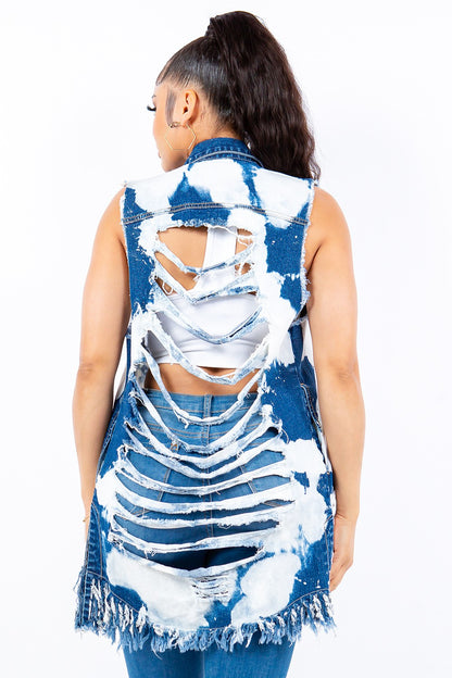 American Bazi Distressed Frayed Edge Longline Denim Vest (S/M/L)
