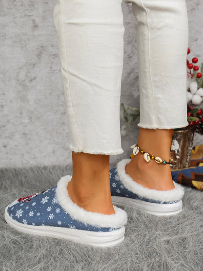 Snowman Print Flat Slippers with Faux Fur (blue/red)
