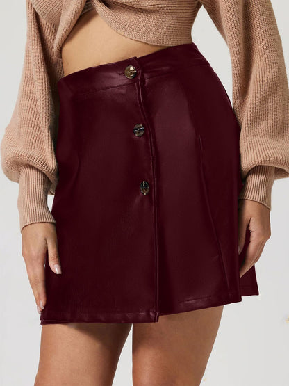 PU Leather Buttoned High Rise Mini Skirt (black/burgundy)-S-XL